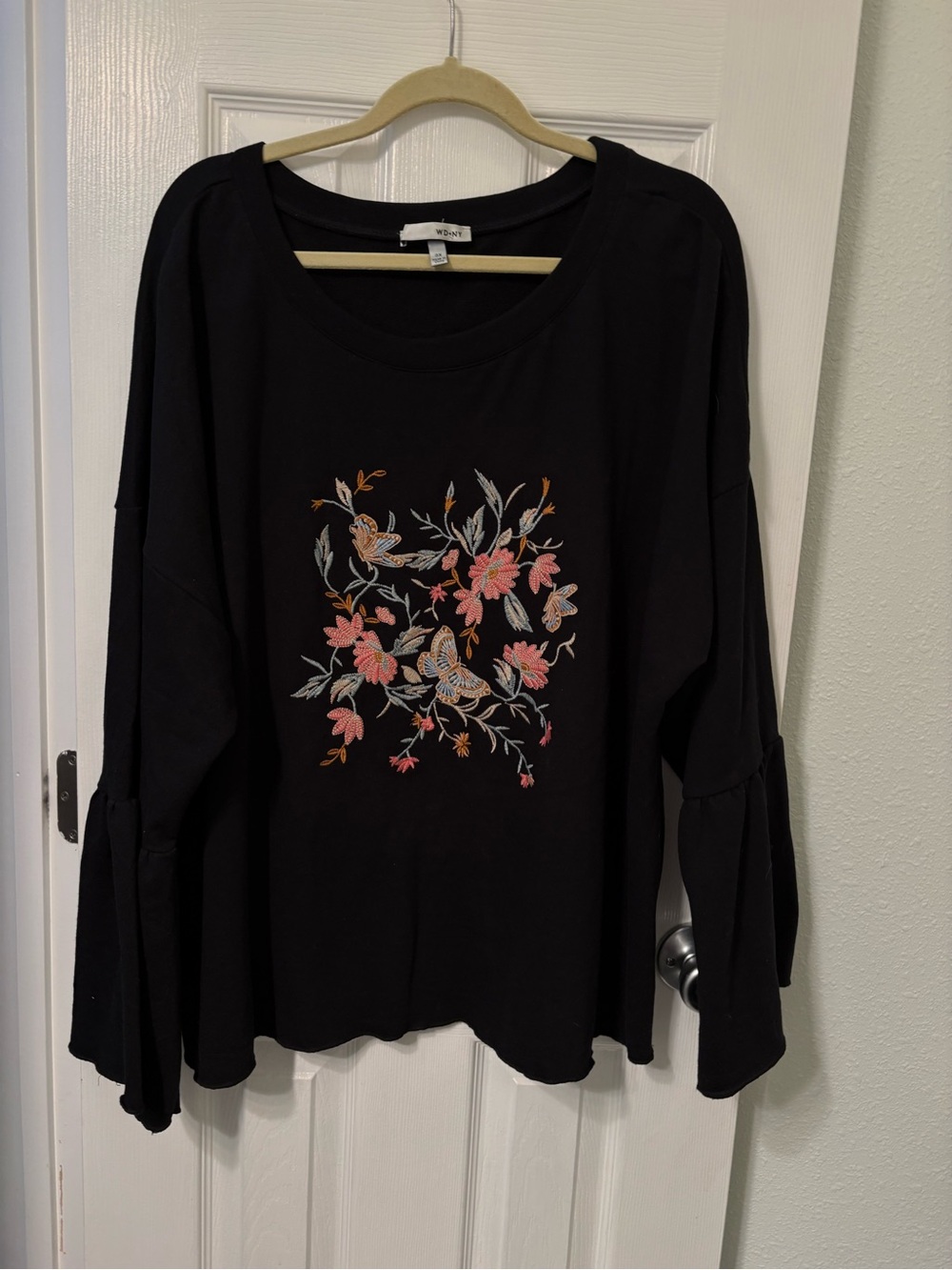 WD.NY Black Sweatshirt with Pink & Cream Floral Embroidery